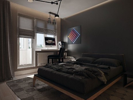 Дизайн спальни в темных тонах для фотографа 