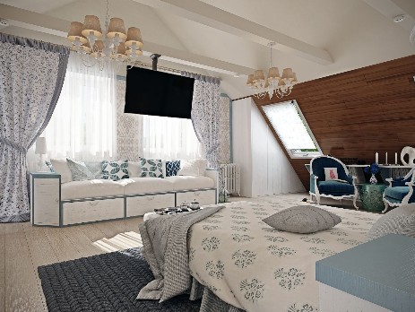 Стильный дизайн спальни в доме с балками под потолком